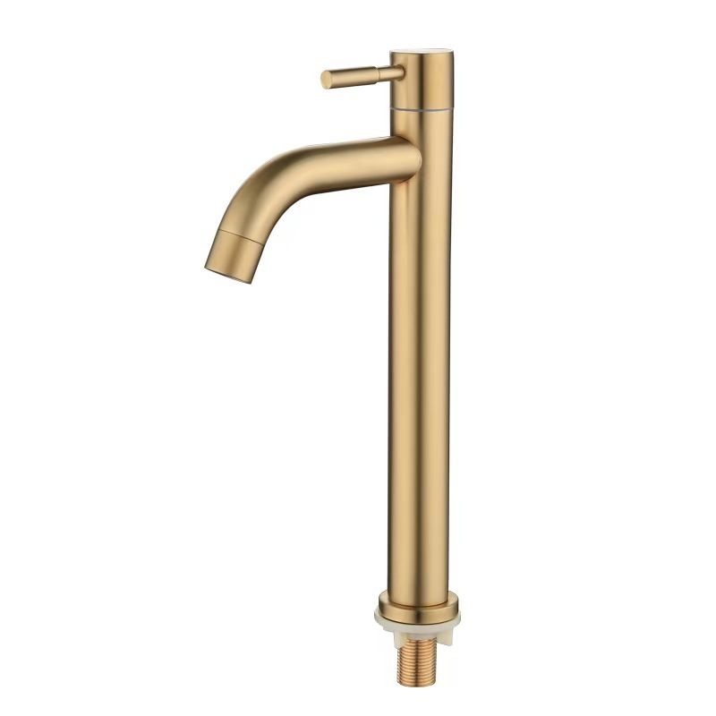 Waschbecken Aus Edelstahl 304 Mit Gebürsteter Goldoberfläche, Ein Hahnloch, Einbaubecken Mit Warm- Und Kaltwasseranschluss, Armatur - Einseitiger, Gebogener Kaltwasserauslauf In Gebürstetem Gold (hohe