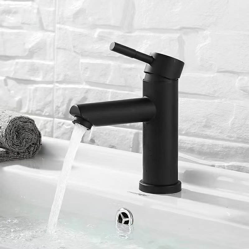 Waschtisch Aus Edelstahl 304 In Exportqualität, Gebürstete Goldoberfläche, Einlochbecken, Versenkte Armatur Mit Schwarzem Geradem Auslauf, Flaches Profil [warm- Und Kaltwasser]