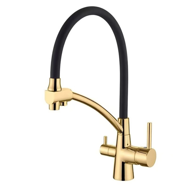 Drei-in-eins-kochfeld Aus Vollkupfer, Küchenarmatur, Universell Schwenkbare Spüle, Oberfläche In Gebürstetem Gold, D-förmiger Wasserfilter Mit Göttinnenmotiv, Hergestellt In Russland Für Den Export.