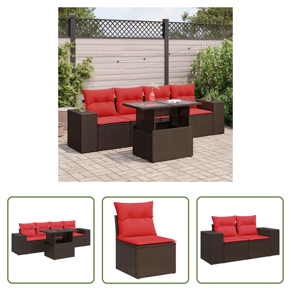Vidaxl Rattan - 5-tlg. Garten-sofagarnitur Mit Kissen Braun Poly Rattan Akazie