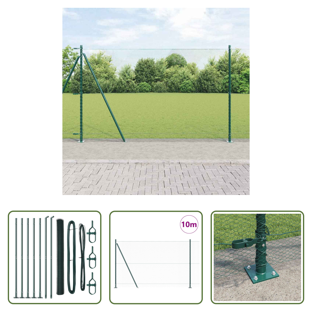 Außenzaun - Zaunpfosten Grün 10 X 1,4 M (13 Mm Maschen) Stahl Und Pvc
