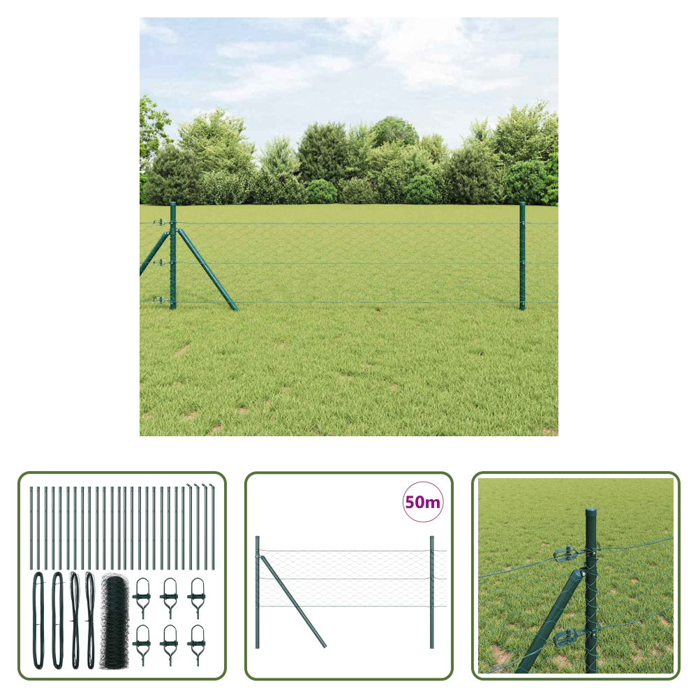 Außenzaun - Zaunpfosten Grün 50 X 0,5 M (50 Mm Netz) Stahl Und Pvc