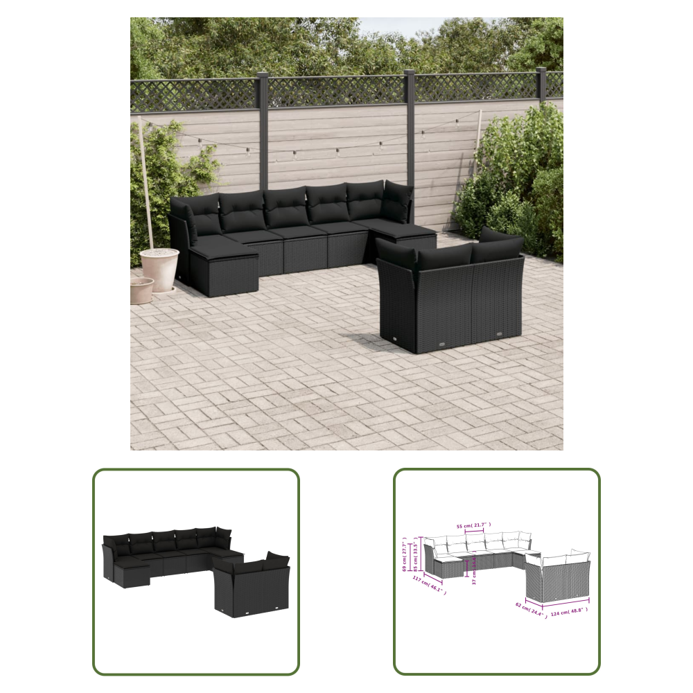 The Living Store 9-tlg. Garten-sofagarnitur Mit Kissen Schwarz Poly Rattan - Gartensortiment - Gartenmöbelset - Lounge Set - Rattan Möbel - Gartenlounge