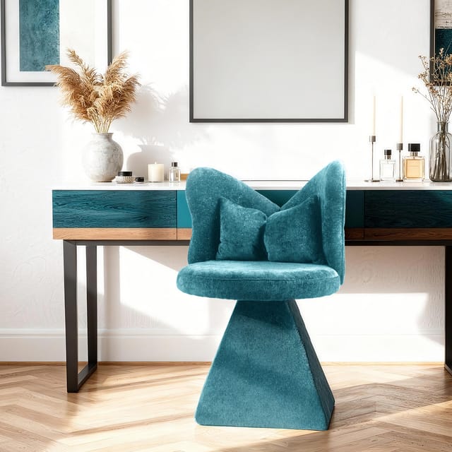 Drehbarer Schminkstuhl, 360 Grad Drehfunktion, Ohne Armlehnen, Dreieckige Basis, Chenille-samtstoff Blau