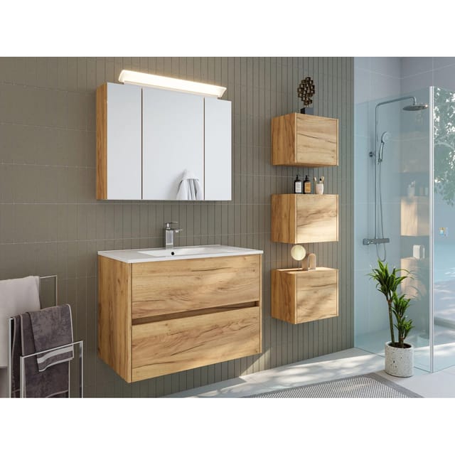 Posseik Badmöbel-Set Limes 80 cm 5-tlg. Waschtisch LED-Spiegelschrank Eiche Gold