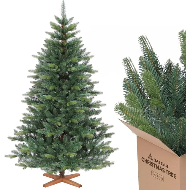 SALCAR 210cm Künstlicher Weihnachtsbaum Premium, Nordmanntanne mit Holzständer, Realistische PE Weihnachtsdekoration für Innenräume, Einfacher Aufbau