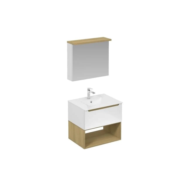 Swiss Aqua Technologies Badmöbel Set Waschtisch 80CM mit Unterschrank Regalbox Spiegelschrank und Zubehör Weiß und Holz Glänzend
