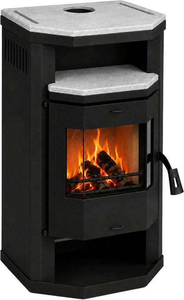 Hanseatic Kaminofen "Prios" Top und Teefach Stein, Exklusiv, Lieferung bis ins Wohnzimmer, 6,4 kW, Zeitbrand, Prismatisch, Stein Top und Teefach-Platte