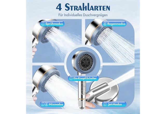 ANYSUN Handbrause Duschkopf mit Schlauch, Filter und Halterung ohne bohren, Handbrause Hochdruck, Duschkopf mit 4 Strahlarten
