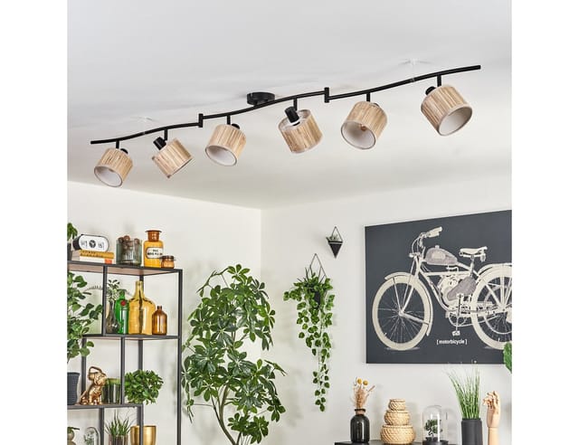 hofstein Deckenleuchte moderne Deckenlampe aus Metall/Seegras in Schwarz/Naturfarben, ohne Leuchtmittel, mit verstellbaren Strahlern, 6 x E14, ohne Leuchtmittel