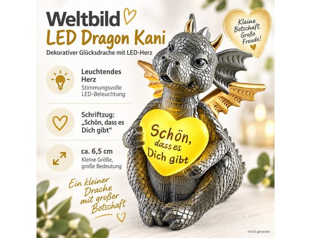 Weltbild LED Dekolicht LED Dragon Kani Herz Glücksdrache Licht ca. 6,5 cm Dekoration, Glücksbringer Leuchtdeko Tischdeko Geschenkidee