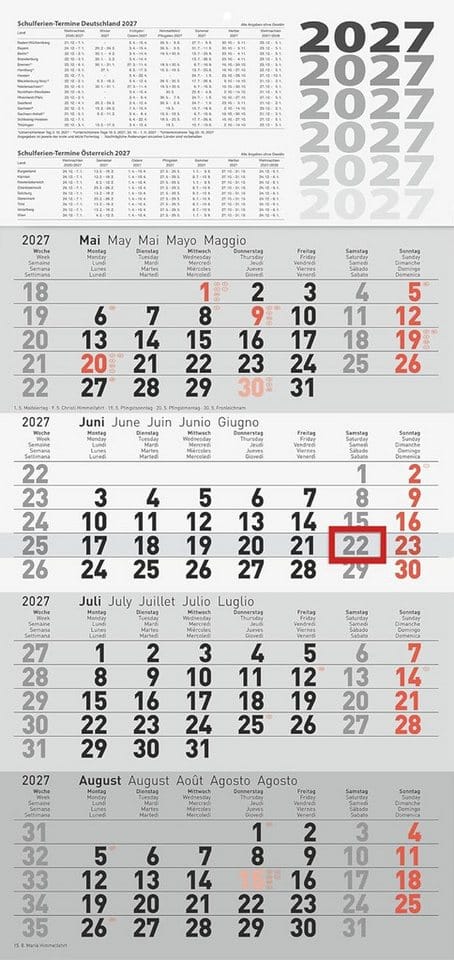RIDO Monatskalender rido/idé 4-Monatskalender 2027, grau, 300×630 mm
