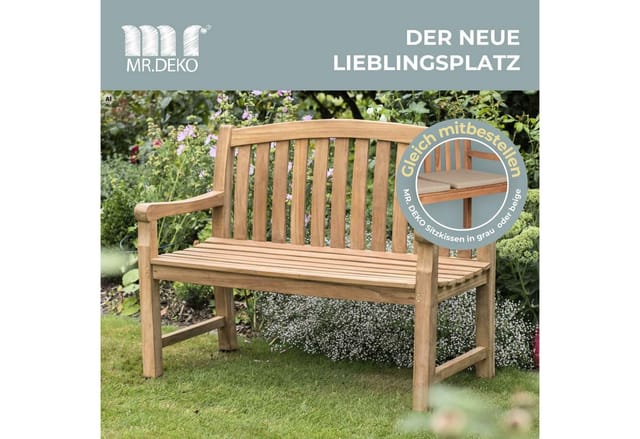 MR.DEKO Gartenbank Teak Bank Swirdon – 2-Sitzer, ergonomisch, wetterfest (2-Sitzer Bank, zerlegt geliefert, ideal für Terrasse, 1-St), Massive Sitzbank Garten und Balkon, 250 kg belastbar