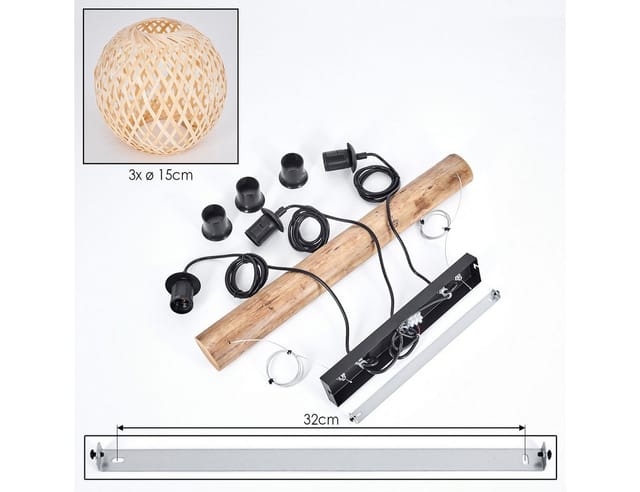 hofstein Pendelleuchte Hängelampe aus Metall/Holz/Bambus in Schwarz/Naturfarben, ohne Leuchtmittel, Hängeleuchte im Boho-Design mit Holzbalken, max 150 cm, 3 x E27