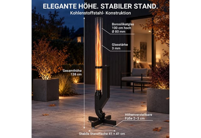 Clanmacy Feuerschale Ambiente Feuerrohr Pelletfackel Glas Gartenheizung Terrassenfeuer