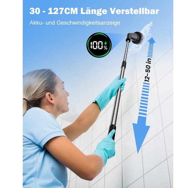 TUWENA Akku-Oberflächenbürste Elektrische Reinigungsbürste, Neues Spin Scrubber mit 7 Bürstenköpfen, Ausziehbarem Langem Griff, Schrubber für Badezimmer, Boden, Küche