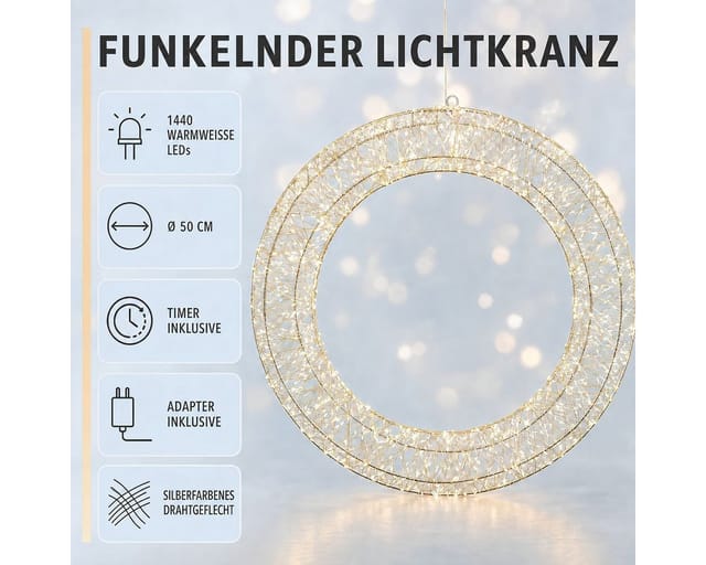 Luca Lighting Dekokranz Luca Lighting Lichterkranz Silber Ø50 cm 1440 LED