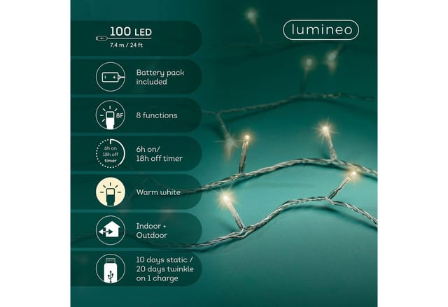 Lumineo LED-Lichterkette Lumineo, USB Lichterkette BASIC Twinkle, 100 LED 7,4 m, warm weiß, Indoor/Outdoor, 8 Funktionen, 6h-Timer, wiederaufladbar