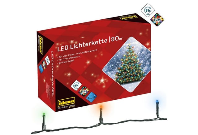 Idena LED-Lichterkette Idena 8325059 - LED Lichterkette mit 80 LEDs in Bunt, mit 8 Stunden