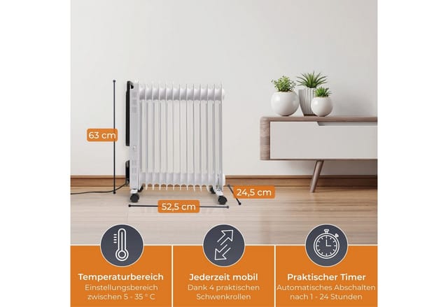KLAMER Ölradiator 2500 W, mobile Elektroheizung, 13 Rippen, 3 Heizstufen mit Eco-Modus,…, Eco-Modus heizt leise & bedarfsgerecht, 3-fach Sicherheit, geräuscharm