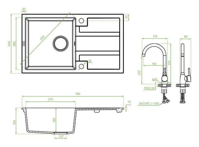 KOLMAN Küchenspüle Barbados Set Einzelbecken Granitspüle und Spültischarmatur, Rechteckig, 44/76 cm, Space Saving Siphon GRATIS