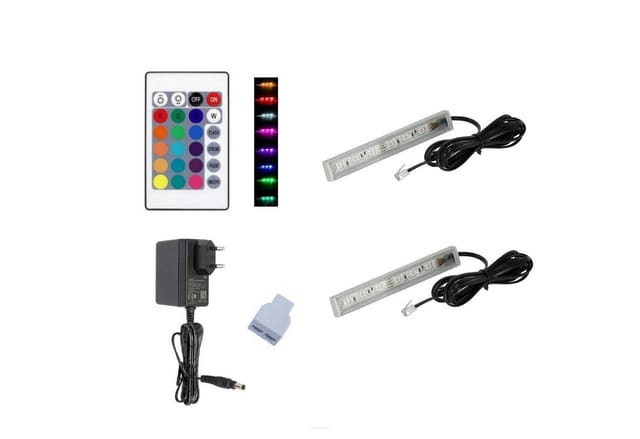 QLS LED Unterbauleuchte RGB 12V 2-8 Stück Schwarz, LED fest integriert, Glasbodenbeleuchtung Lichtleiste Fernbedienung 16 Farben Dimmbar