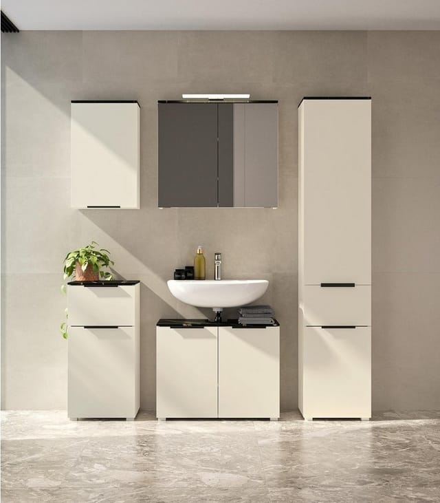 Composad Spiegelschrank PROMESSA, Cashmeregrau matt, Schwarz, Marmoroptik, 2 Spiegeltüren, LED-Aufsatzleuchte, B 70 x H 65 x T 22 cm