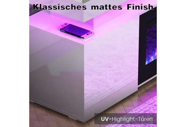 oyajia Elektrokamin mit Schrank 160 cm, 1500W 30'' Einbaukamin, 3D-Flammeneffekt, RGB-LED, Hochglanz TV-Schrank, 2 Seitenfaecher, Fernbedienung und App-Steuerung