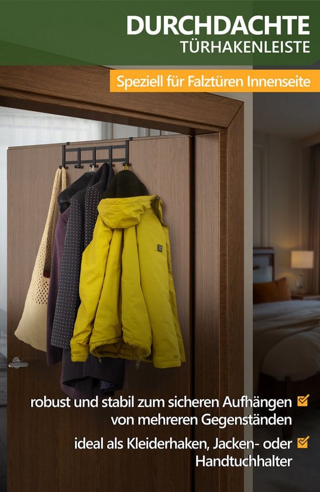 Aurelia Home Türhaken Türgarderobe für die Falztürinnenseite, Edelstahl, 5 Haken, 31,7 cm, Türen, (Packung, 1-St., 1), Ohne Bohren, stabil, langlebig, rostfrei, formbeständig