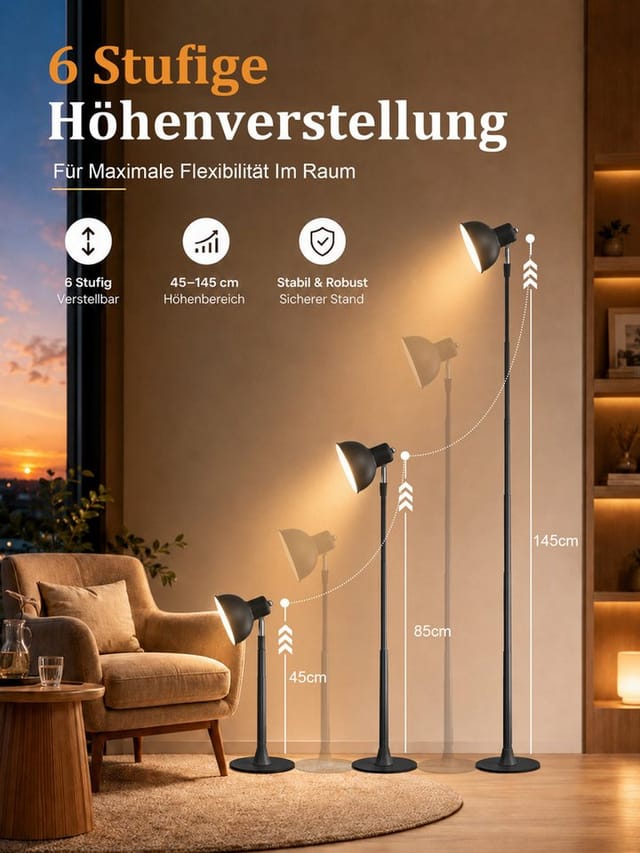 Lapamax Stehlampe Höhenverstellbare LED Tischleuchte 45–145 cm, 3 Lichtfarben, USB, dimmbar, LED, warmweiß, neutralweiß, kaltweiß, 150° schwenkbar Leselampe mit USB-Anschluss und Metallfuß