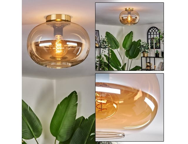 hofstein Deckenleuchte Deckenlampe aus Metall/Glas in Goldfarben/Schwarz/Bernsteinfarben, ohne Leuchtmittel, moderne Leuchte mit Schirm aus Glas (30cm), 1xE27, ohne Leuchtmittel
