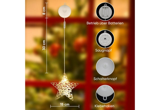 Salcar LED-Lichterkette LED Stern Warmweiß Ø15cm Fensterdeko Sterne LED Weihnachtsdeko, 1 Sterne mit Saugnapf Batteriebetrieben für Weihnachten & Partys
