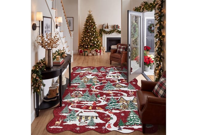 GarveeMore Teppich Roter Weihnachtsteppich mit Winterlandschaft – Festlicher Dekoteppich, Höhe: 5 mm