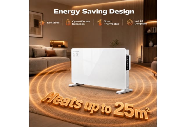 Furnicopia Heizstrahler 2000 W Glas‑Konvektionsheizgerät, 6‑in‑1‑Modi, WLAN‑App, IP24, stehend/wandmontierbar