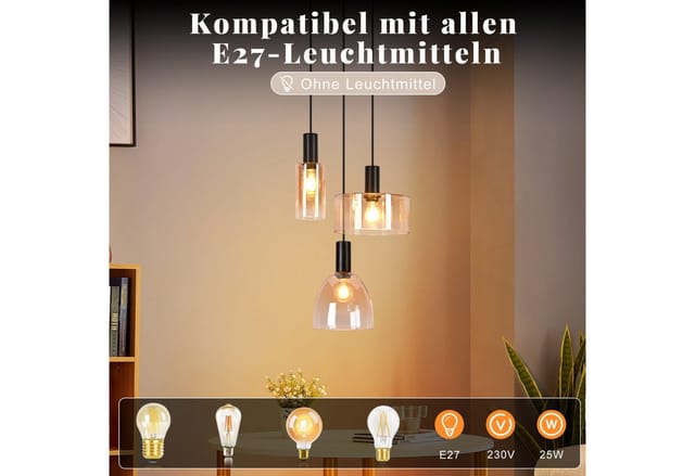 ZMH Pendelleuchte Vintage 3/4 Flammig Glas E27 Esstisch Hängelampe für Küche, Hochwertige Material, ohne Leuchtmittel, Drei amberfarbene Glasschirme (unterschiedliche Größen & Formen)