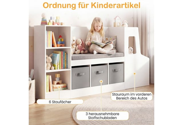 COSTWAY Kinderregal Bücherregal mit Sitzbank, Spielzeugregal mit 7 Fächern