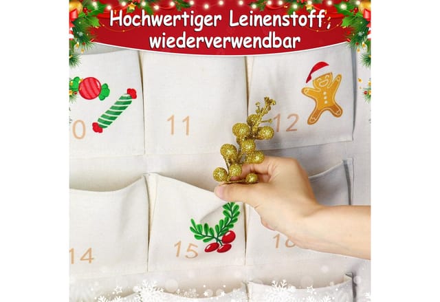 FOUORTUNATE-BEE befüllbarer Adventskalender Adventskalender zum Befüllen Stoff (100 x 50 cm Weihnachtskalender zum Befüllen Wiederverwendbar mit 24 Taschen,Adventskalender zum Aufhängen Hängend zum Wand Tür Weihnachten Deko)
