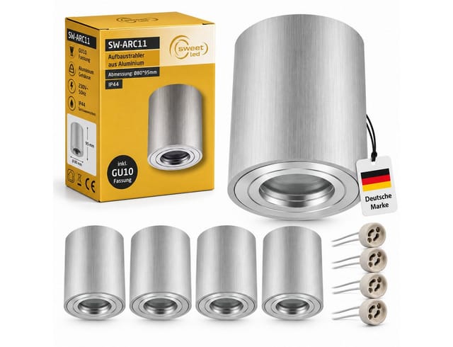 Sweet LED Aufbauleuchte 4er-Set GU10 Aufbaustrahler Bad IP44 rund silber Aluminium, ohne Leuchtmittel, Aufbaustrahler LED, Aufbauspot, Deckenstrahler