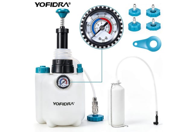Yofidra Bremsscheiben-Richtwerkzeug mit 4 Adaptern, Manometer & Auffangbehälter für die meisten Fahrzeuge, kein Druckluft- oder Stromanschluss erforderlich