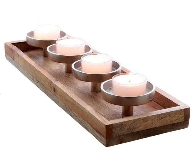 Spetebo Adventskranz Kerzenhalter 4er rechteckig aus Mangoholz, Advents Kerzenhalter Tisch Deko