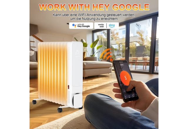 Clanmacy Ölradiator 2500W 11 Rippen mit LCD-Display WiFi Mobil Öl Radiator Heizung Weiß, 2500 W