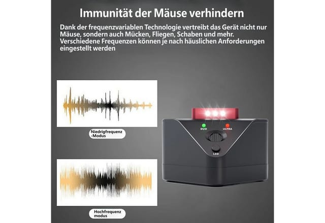 KINSI Ultraschall-Tierabwehr Ultraschall‑Mäuseabwehr mit variable Frequenz,LED‑Stroboskop‑Licht, 3 Betriebsmodi,Wirkungsbereich bis 300 m²,für Haus, Keller, Lager