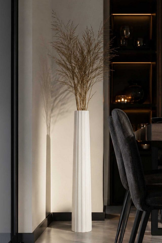 VIVANNO Bodenvase Fiberglas ALGOLIA WAVE Säule - Weiß Geriffelt (1 St), 12x80 cm