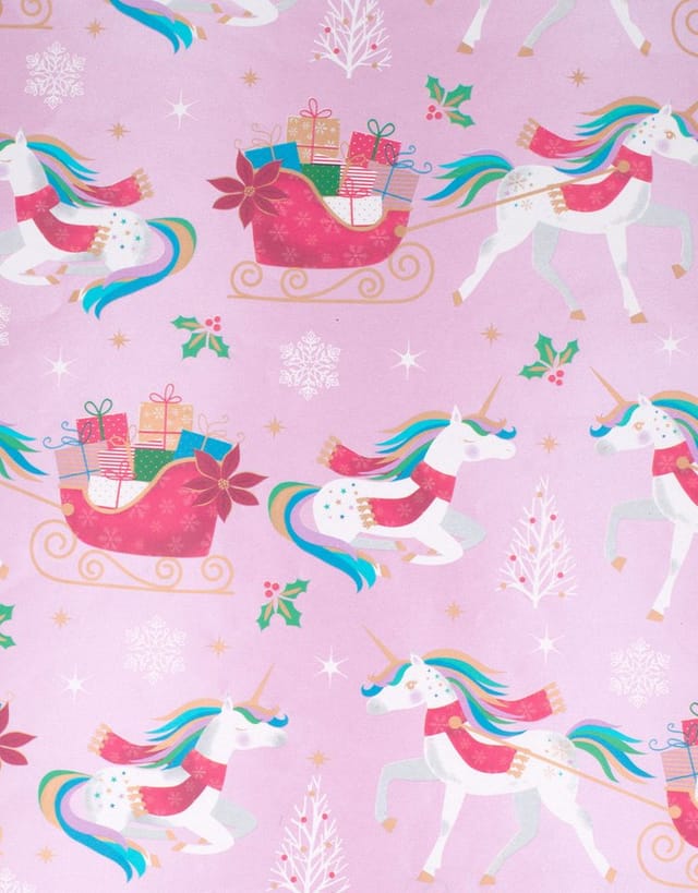 Star Geschenkpapier, Geschenkpapier Einhorn mit Weihnachtsschlitten 70cm x 2m Rolle Rosa