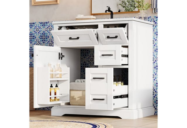 Flieks Waschtisch bodenstehender Waschbeckenunterschrank, lackierte Oberfläche (Soft-Close-Funktion, mit 2 Klappen, 2 Schubladen, Türregal, 1-St., B76xT47xH82 cm), Badezimmerschrank mit Keramik-Waschbecken Badmöbel Weiß