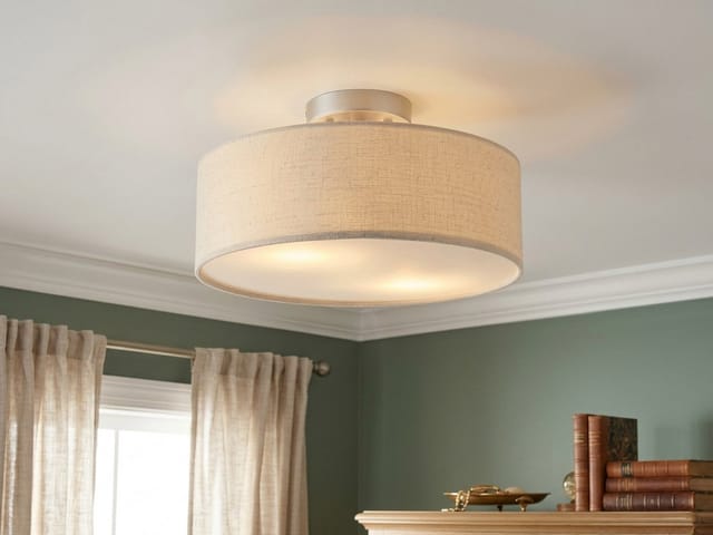 meineWunschleuchte Deckenleuchte mit Stoff Lampenschirm Leinen Ø 30cm, ohne Leuchtmittel, kleine Stoff-Lampe, gemütliche Deckenlampe, E14 Schlafzimmerlampe