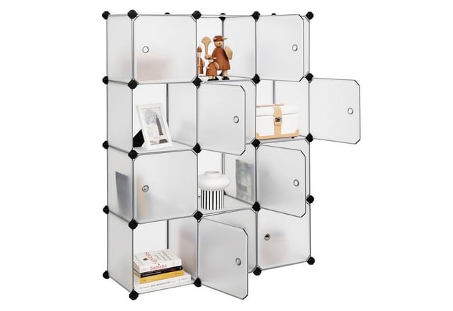 SONGMICS Stufenregal Regalsystem, Schuhregal, Aufbewahrung von Kleidung, Schuhen, Büchern, Set aus 12 Würfeln, Kleiderschrank aus Kunststoff, mit Türen, weiß