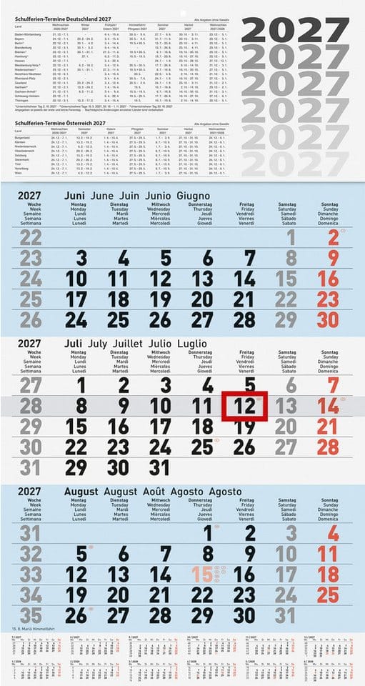 BRUNNEN Wandkalender 2027 BRUNNEN Dreimonatskalender blau