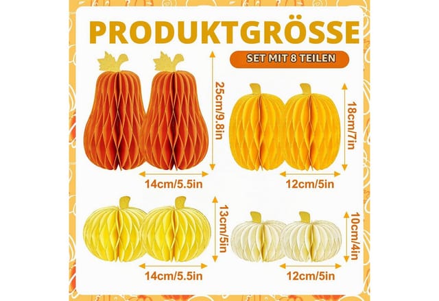 FOUORTUNATE-BEE Papierdekoration 8 Stück Papierdeko Kürbisse Wabenbälle, für Thanksgiving, Halloween-Party und Herbstdekoration