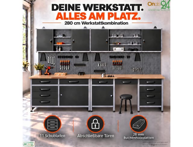 ONDIS24 Werkstatt-Set Werkstatt-Set Herkules 280 cm Werkbank 11 Schubladen Hängeschränke